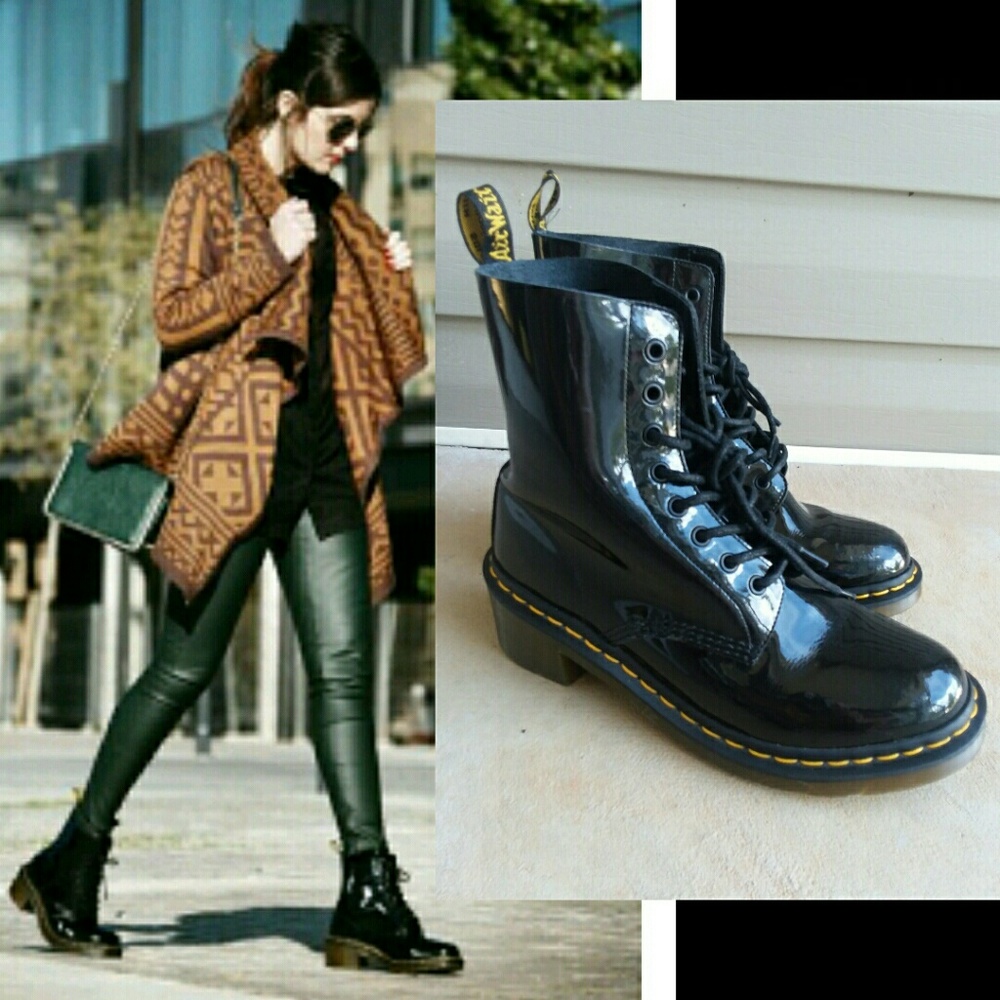 Dr. Martens Black Patent Leather Combat Boots with Yellow Stitching